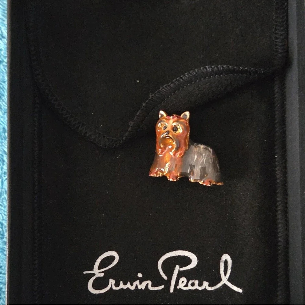 Erwin Pearl Vintage Enamel Yorkie Dog Brooch Pin Yorkshire Terrier Box Pouch